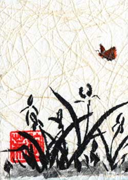 "Wild Iris & Red Butterfly" by Elizabeth Clayton, Brookfield WI - Chinese Pigment on Rice Paper